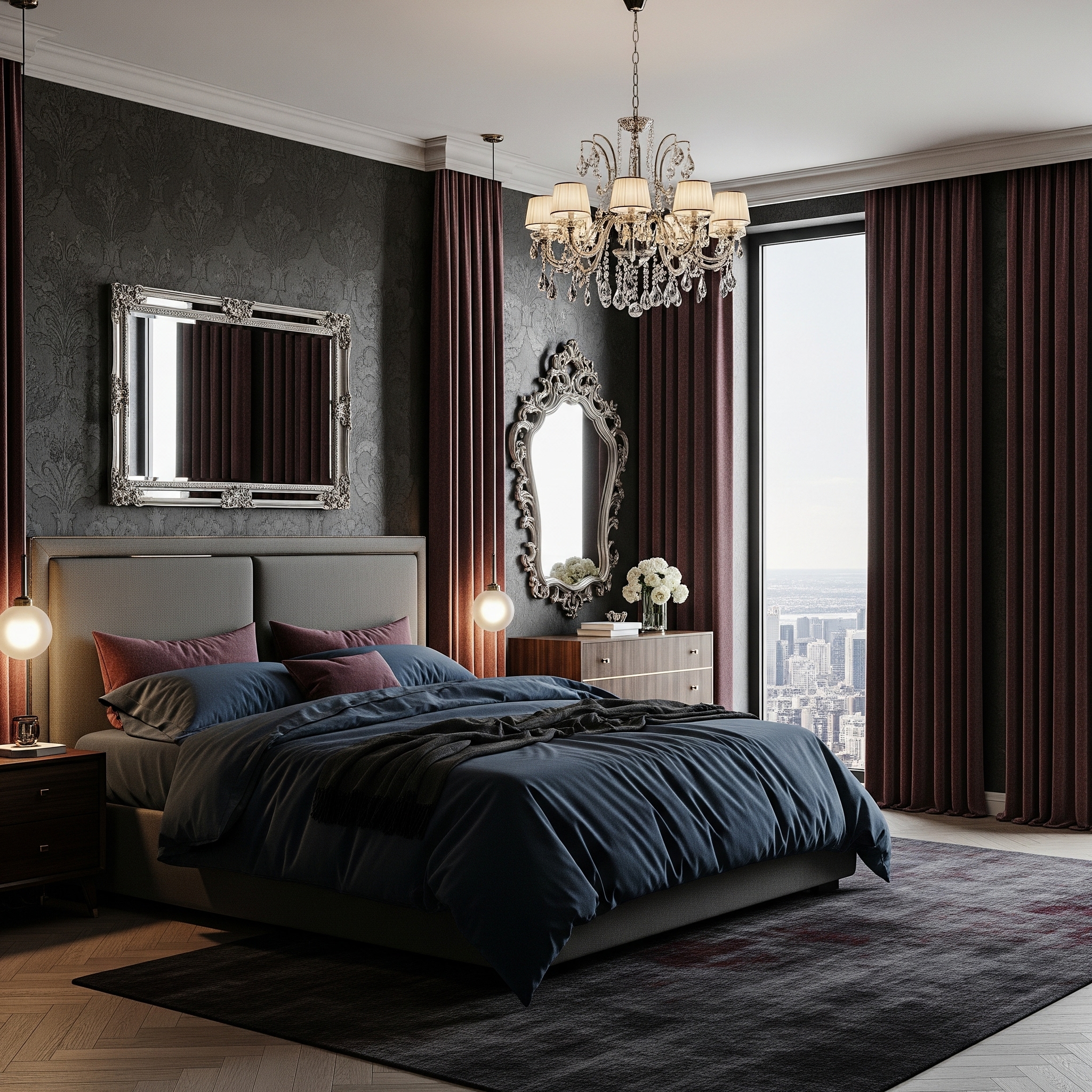 Luxurious bedroom with a large bed and city view