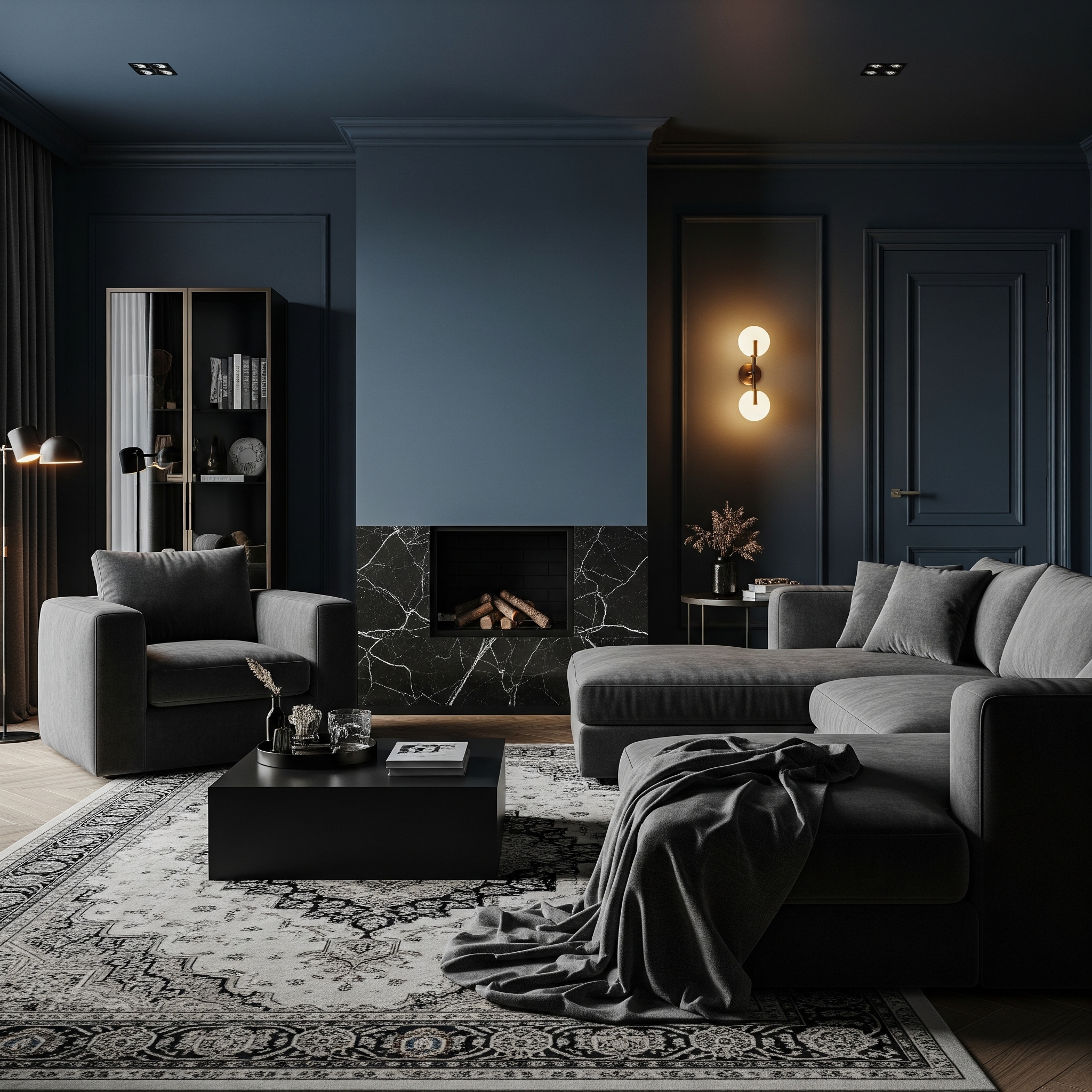 Luxurious living room with dark blue walls and fireplace